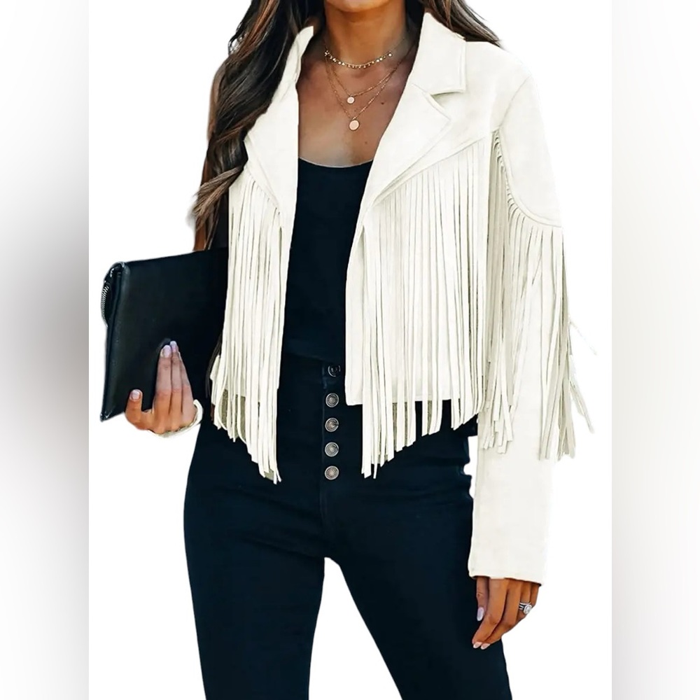 CHARTOU Women's Chic Cropped Tassel Fringe Faux Suede Moto Jacket NWT - Picture 1 of 13